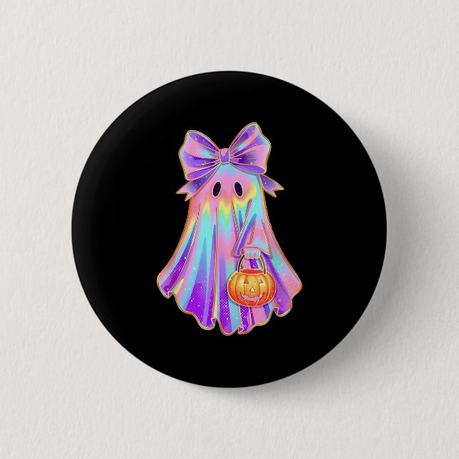 Funny Coquette Bow Ghost Pumpkin Halloween Soky Se Button (Vorderseite)