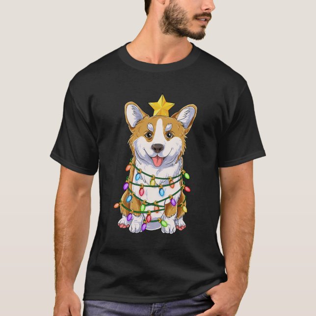 Funny Corgi Christmas Tree Lights Geschenk Weihnac T-Shirt (Vorderseite)