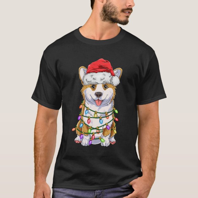 Funny Corgi Christmas Tree Lights Geschenk Weihnac T-Shirt (Vorderseite)