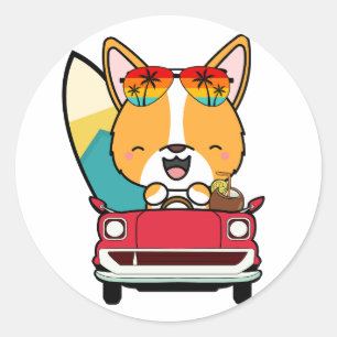 Funny Corgi Dog fährt zum Strand Runder Aufkleber