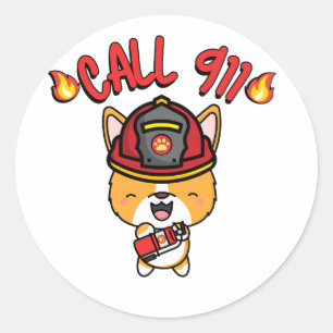 Funny Corgi Hund ist Feuerwehrmann Runder Aufkleber