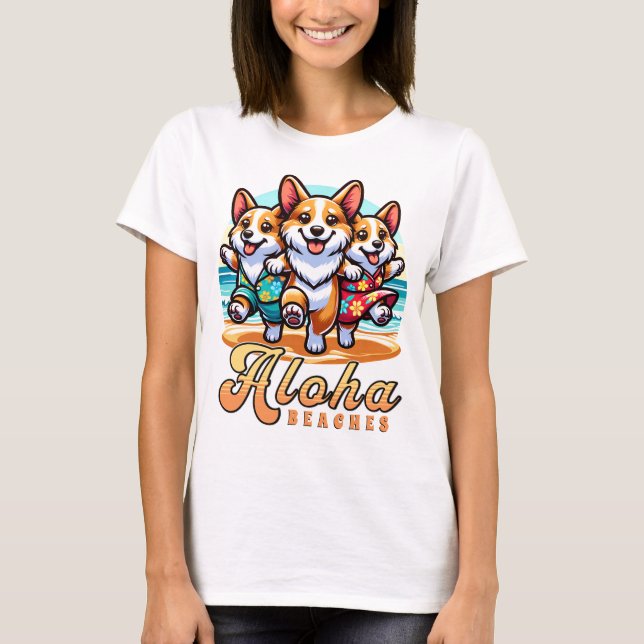 Funny Corgi Hunde Aloha Strände Sommerurlaub T-Shirt (Vorderseite)