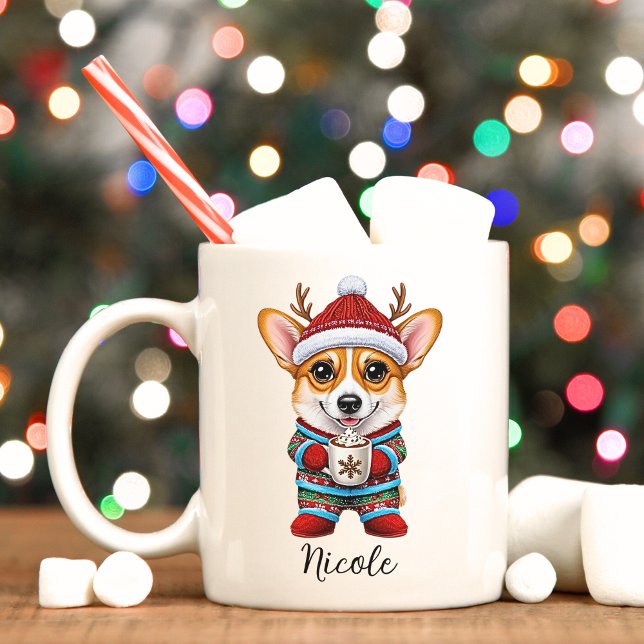 Funny Corgi Reindeer Weihnachts-Tasse Kaffeetasse (Cute corgi In Christmas pajamas monogrammed holiday mug. )