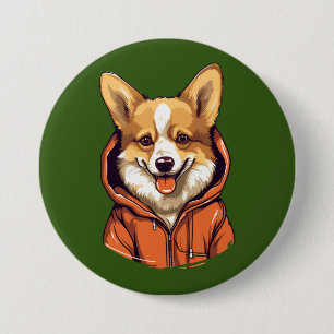 Funny Corgi Wearing Hoodie Button