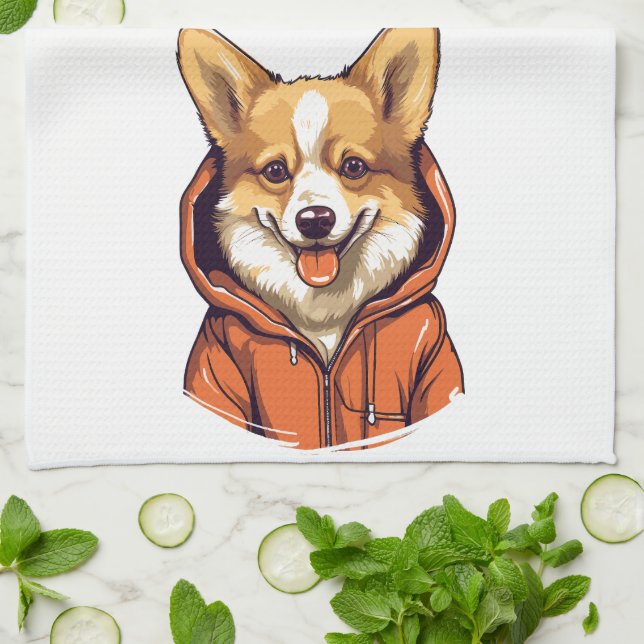 Funny Corgi Wearing Hoodie Geschirrtuch (Gefaltet)