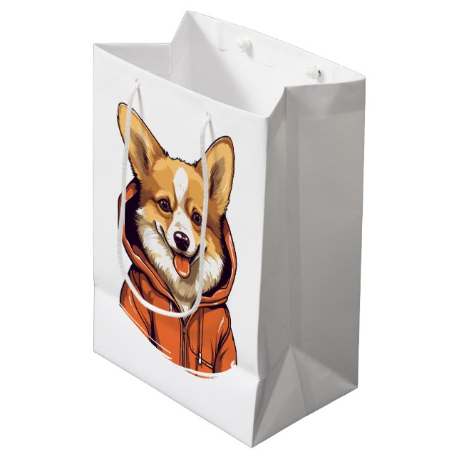 Funny Corgi Wearing Hoodie Mittlere Geschenktüte (Vorderseite Schrägansicht)