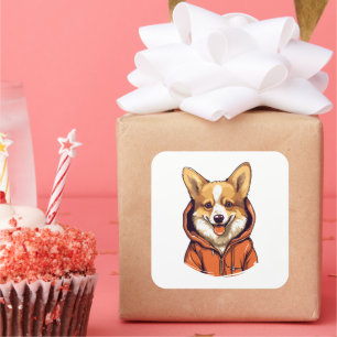 Funny Corgi Wearing Hoodie Quadratischer Aufkleber