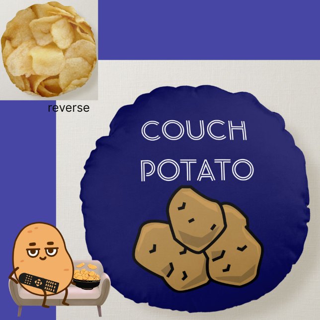 Funny "Couch Potato" + Potato Chips Binge Watching Rundes Kissen (This funny Couch Potato cushion is perfect for the lovable sloth in your life. Choice of colors.)