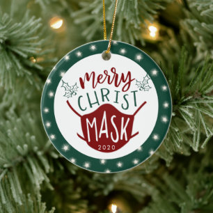 Funny COVID MERRY ChristMASK Foto Green Keramik Ornament