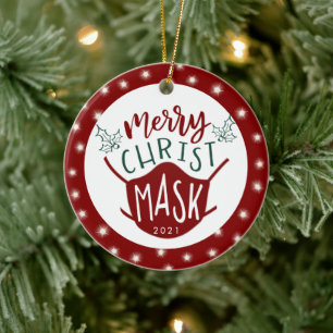 Funny COVID MERRY ChristMASK Foto Red Keramik Ornament