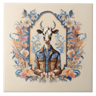 Funny Cow Art Dapper Old Wild West Cowboy Fliese