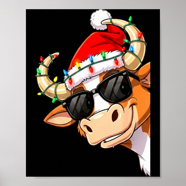 Funny Cow Christmas Cool Longhorn Santa Cow Hat Ho Poster (Vorne)