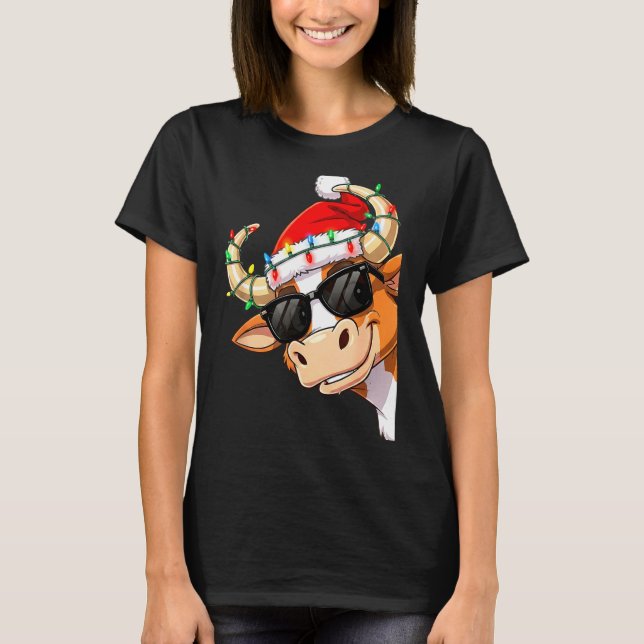 Funny Cow Christmas Cool Longhorn Santa Cow Hat Ho T-Shirt (Vorderseite)
