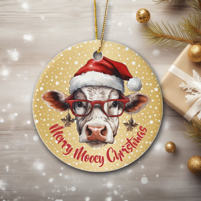 Funny Cow Mooey Weihnachten Gold Star Hintergrund Keramik Ornament (Von Creator hochgeladen)