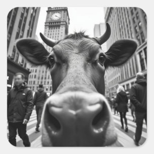 Funny Cow Selfie an der belebten City Street Quadratischer Aufkleber