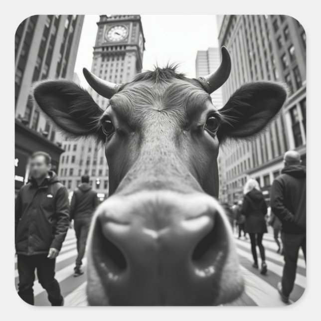 Funny Cow Selfie an der belebten City Street Quadratischer Aufkleber (Vorderseite)