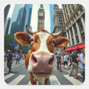 Funny Cow Selfie an der belebten City Street Quadratischer Aufkleber
