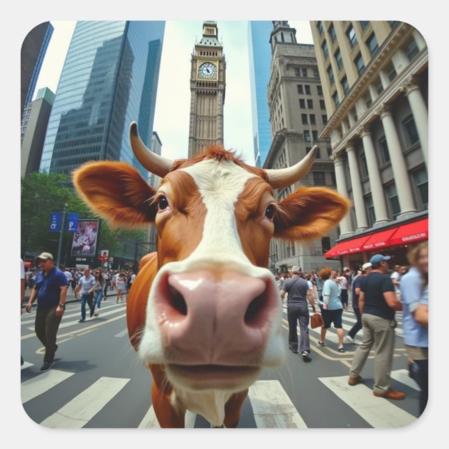 Funny Cow Selfie an der belebten City Street Quadratischer Aufkleber (Vorderseite)