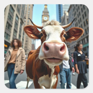 Funny Cow Selfie an der belebten City Street Quadratischer Aufkleber