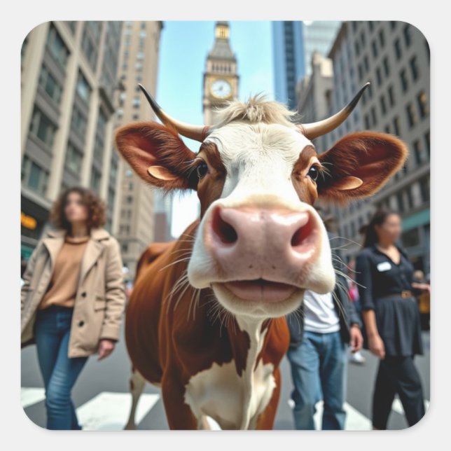 Funny Cow Selfie an der belebten City Street Quadratischer Aufkleber (Vorderseite)
