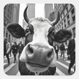 Funny Cow Selfie an der belebten City Street Quadratischer Aufkleber