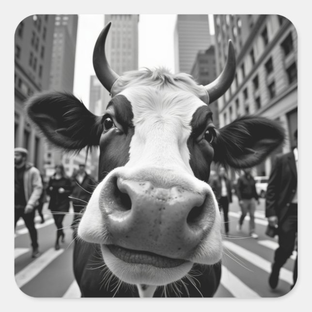 Funny Cow Selfie an der belebten City Street Quadratischer Aufkleber (Vorderseite)