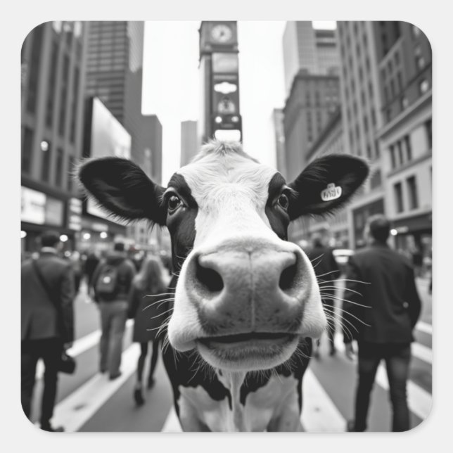 Funny Cow Selfie an der belebten City Street Quadratischer Aufkleber (Vorderseite)