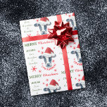 Funny Cowabunga Weihnachten Personalisiert Geschenkpapier<br><div class="desc">Dieses niedliche Weihnachtsgeschenkpapier enthält eine schwarz-weiße Kuh,  die eine rot-weiße Weihnachtsmannmütze trägt. Rund um das Kuhportrait sind verzierte Schneeflocken. Im Text steht "Cowabunga!",  und grün und rot steht "Frohe Weihnachten". Es gibt auch weitere Textfelder,  mit denen Sie das Geschenk personalisieren können. Der gesamte Text ist leicht zu ändern.</div>