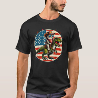 Funny Cowboy Cat Riding Dinosaur USA Flag T Rex Ch T-Shirt