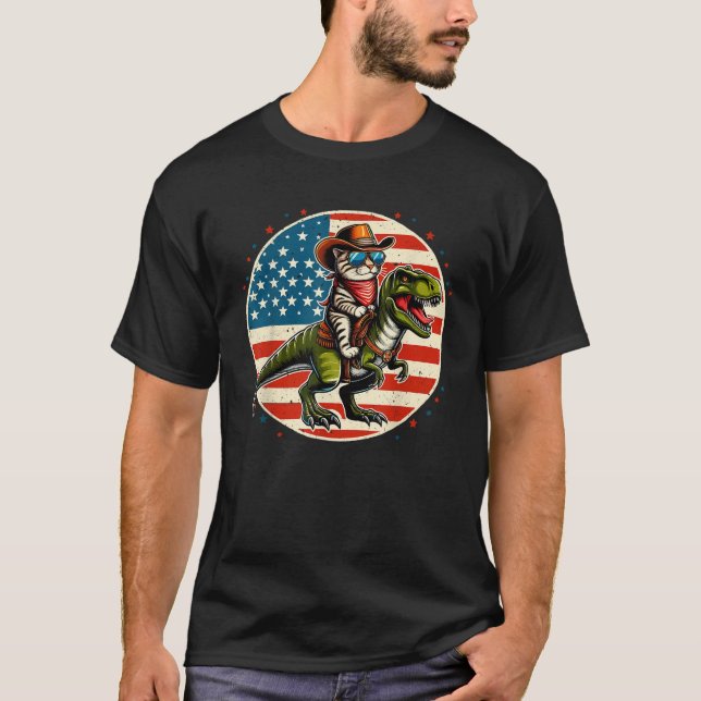 Funny Cowboy Cat Riding Dinosaur USA Flag T Rex Ch T-Shirt (Vorderseite)