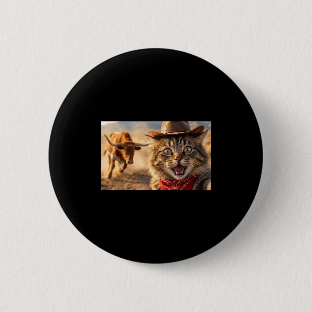 Funny Cowboy Cat Selfie With Charging Bull Western Button (Vorderseite)