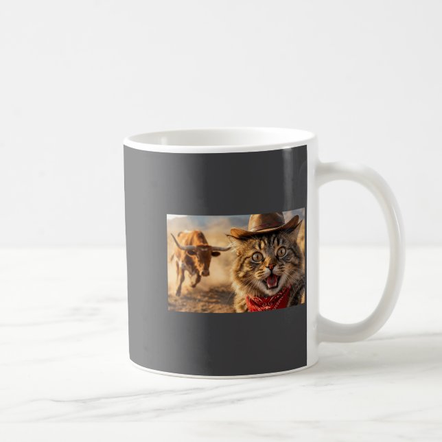 Funny Cowboy Cat Selfie With Charging Bull Western Kaffeetasse (Rechts)