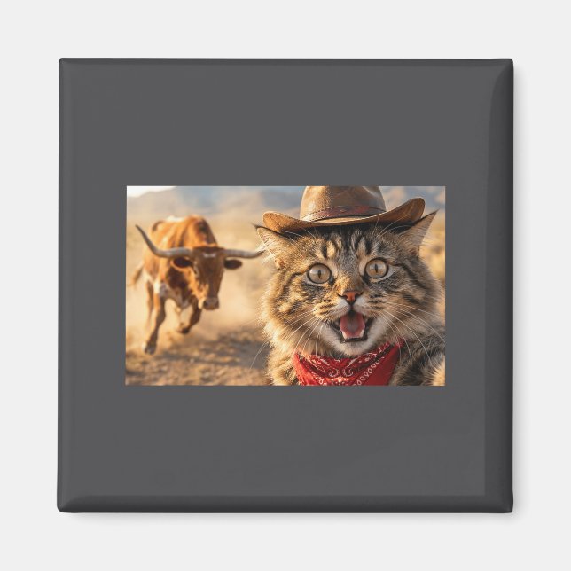 Funny Cowboy Cat Selfie With Charging Bull Western Magnet (Vorne)