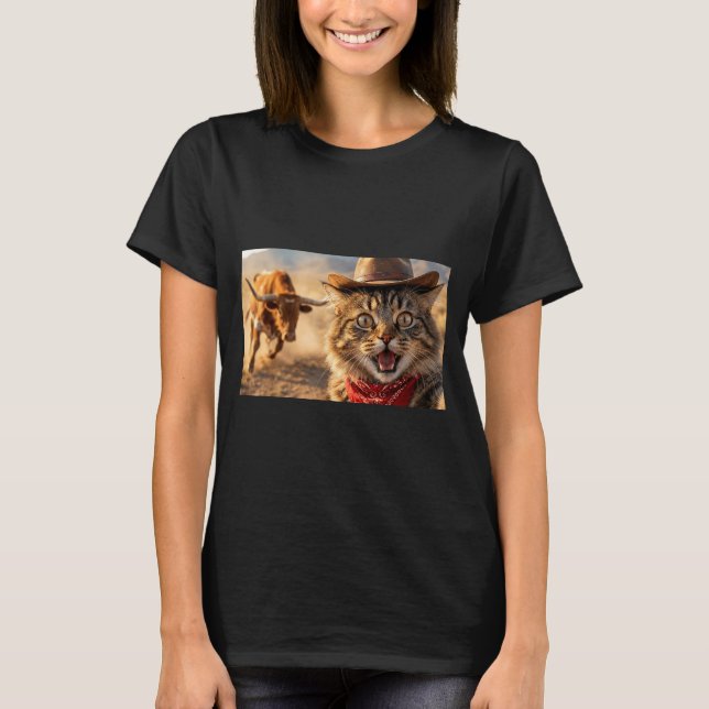 Funny Cowboy Cat Selfie With Charging Bull Western T-Shirt (Vorderseite)