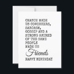 Funny Coworker Birthday Card - Sarcasm Postkarte<br><div class="desc">Feiern Sie den besonderen Tag Ihres Kollegen mit einer Touch Spaß! Diese witzige Geburtstagsbotschaft zeigt, wie die Chance Sie zu Kollegen gemacht hat, aber Sarkasmus, Klatsch und eine gemeinsame Abneigung gegen dieselben Leute verwandelten Sie in echte Freunde. Ein vollkommener Geburtstag, der den Kollegen, die Sarkasmus, Büro Humor und Insider-Witze schätzen,...</div>