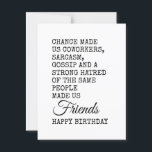 Funny Coworker Birthday Card - Sarcasm Postkarte<br><div class="desc">Feiern Sie den besonderen Tag Ihres Kollegen mit einer Touch Spaß! Diese witzige Geburtstagsbotschaft zeigt, wie die Chance Sie zu Kollegen gemacht hat, aber Sarkasmus, Klatsch und eine gemeinsame Abneigung gegen dieselben Leute verwandelten Sie in echte Freunde. Ein vollkommener Geburtstag, der den Kollegen, die Sarkasmus, Büro Humor und Insider-Witze schätzen,...</div>