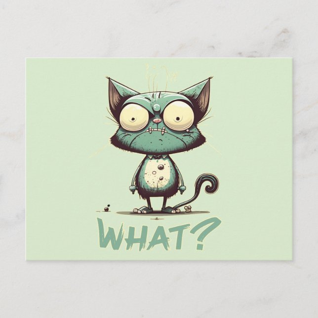 Funny Crazy Cat "Was?" Postkarte (Vorderseite)