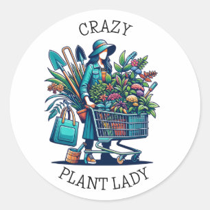 Funny Crazy Pflanze Lady   Gartenabhängigkeit Spaß Runder Aufkleber