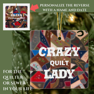 Funny "Crazy Quilt Lady" Custom Patchwork Quilt Keramikornament