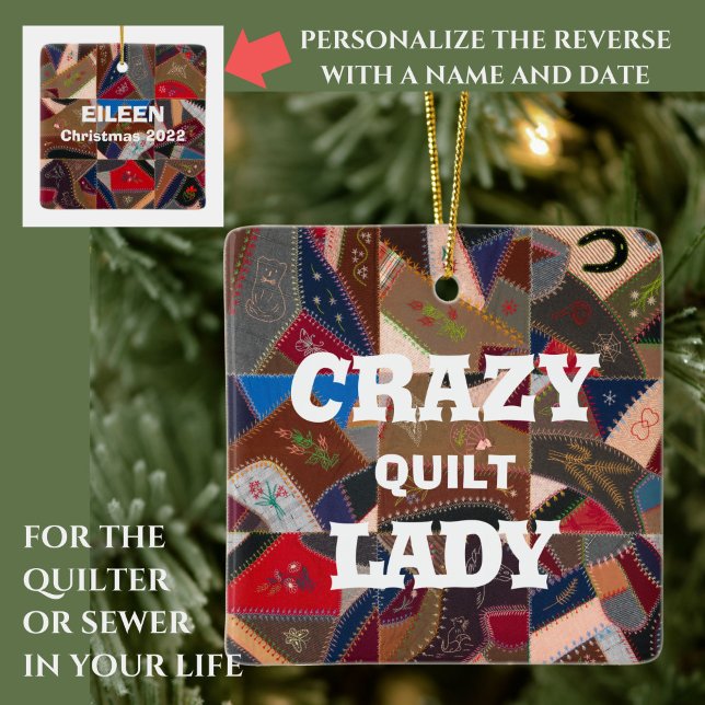 Funny "Crazy Quilt Lady" Custom Patchwork Quilt Keramikornament (This fun vintage crazy quilt pattern ornament is for the quilter or sewer in your life! )