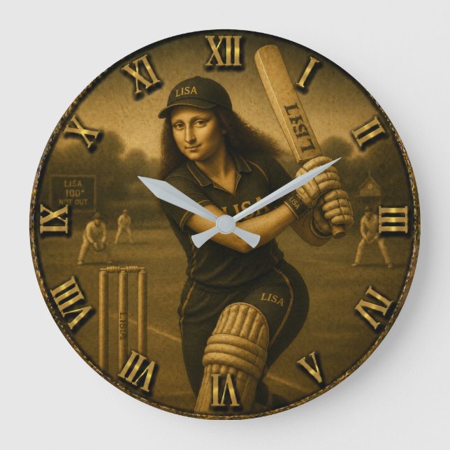 Funny Cricket Mona Lisa Batsman Gift  Große Wanduhr (Vorderseite)