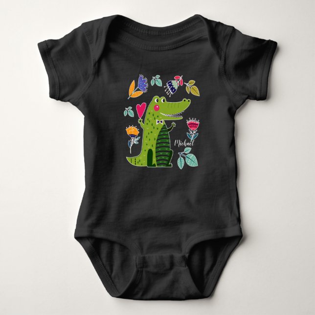 Funny Crocodile mit Herz-Individuelle Name Baby Strampler (Vorderseite)