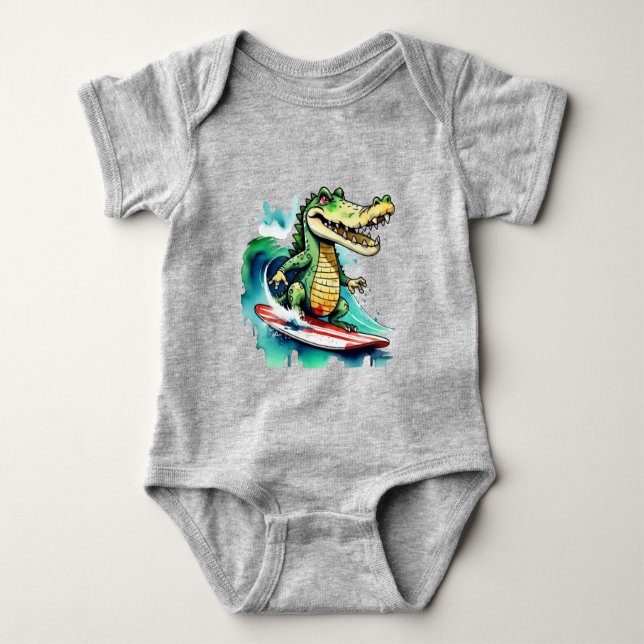 Funny Crocodile surfing Baby Strampler (Vorderseite)