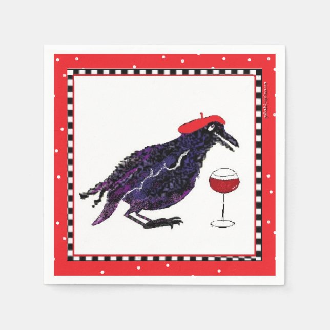 Funny Crow mit French Beret und Glass of wine Serviette (Vorderseite)