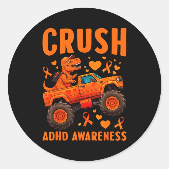 Funny Crush Adhd Awareness T-rex Monster Truck Kid Runder Aufkleber (Vorderseite)