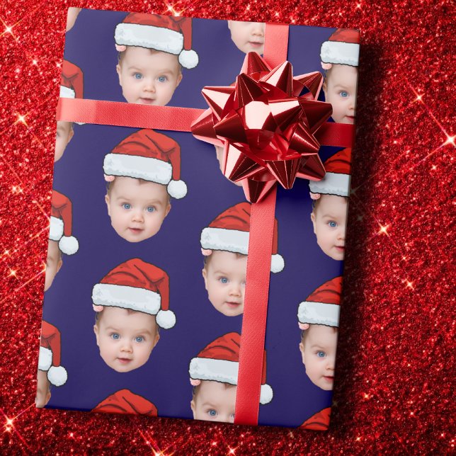 Funny Custom Baby Face Foto Santa Head Xmas Blue Geschenkpapier (Von Creator hochgeladen)