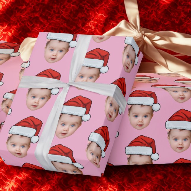 Funny Custom Baby Face Foto Santa Head Xmas Pink Geschenkpapier (Von Creator hochgeladen)