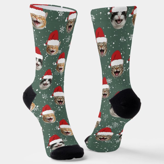 Funny Custom Cat Faces Weihnachts-Weihnachtsmannmü Socken (Gewinkelt)