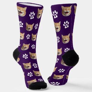Funny Custom Cat Foto mit Paw Muster Lila Socken