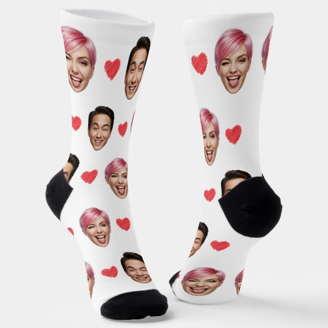Funny Custom Couple Faces mit Red Hearts Socken (Gewinkelt)